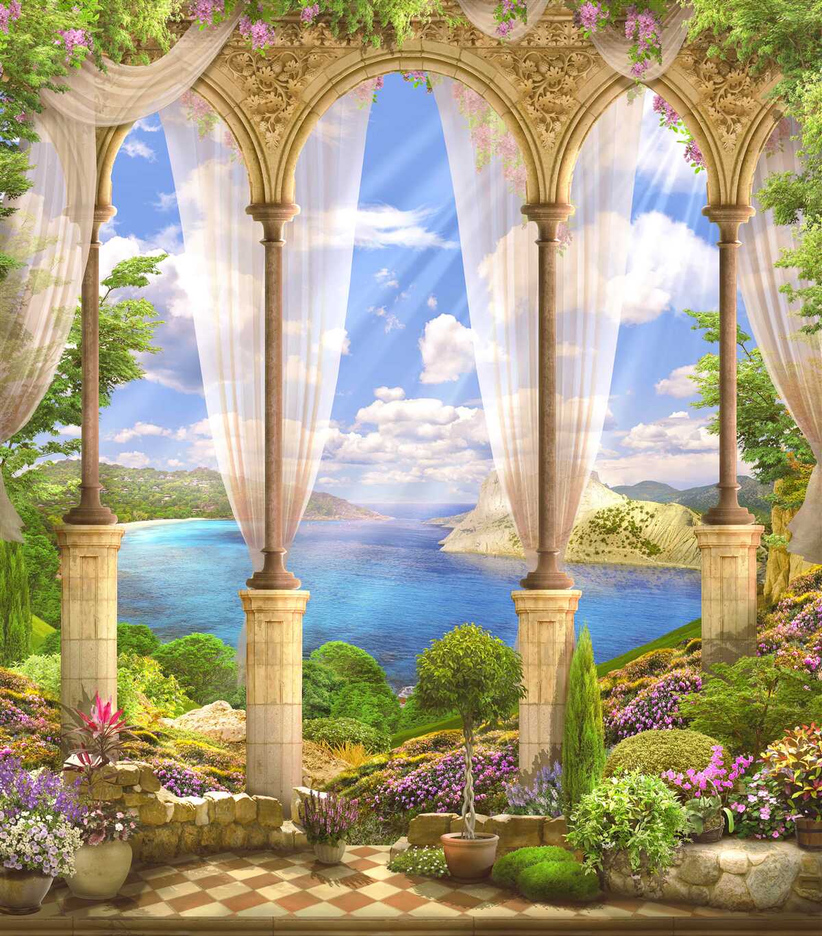 Fotobehang het zeeoppervlak opent zich vanaf het terras