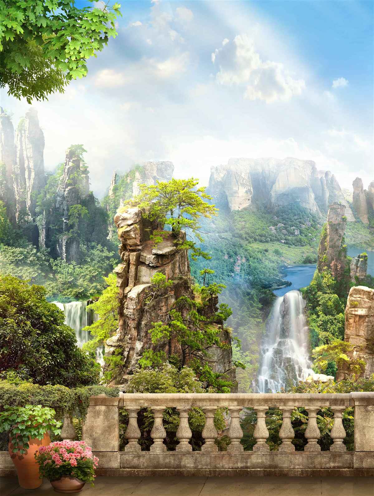 Fotobehang rotsen bezaaid met bomen