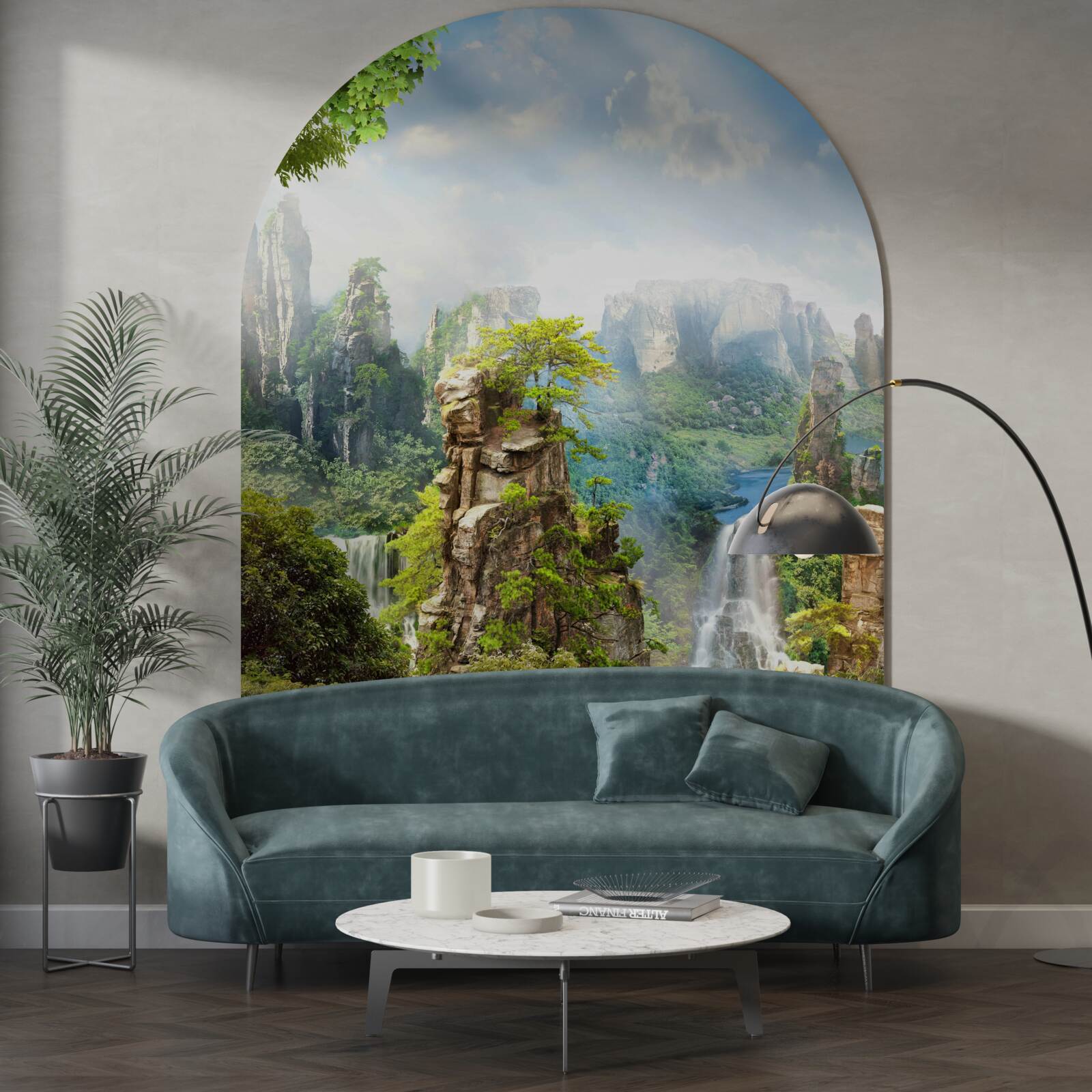 Fotobehang rotsen bezaaid met bomen