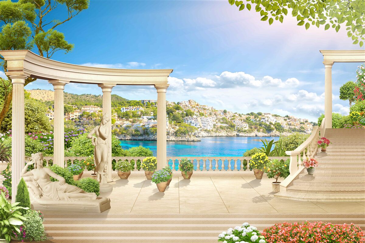 Fotobehang standbeeld en bogen tegen een achtergrond van water