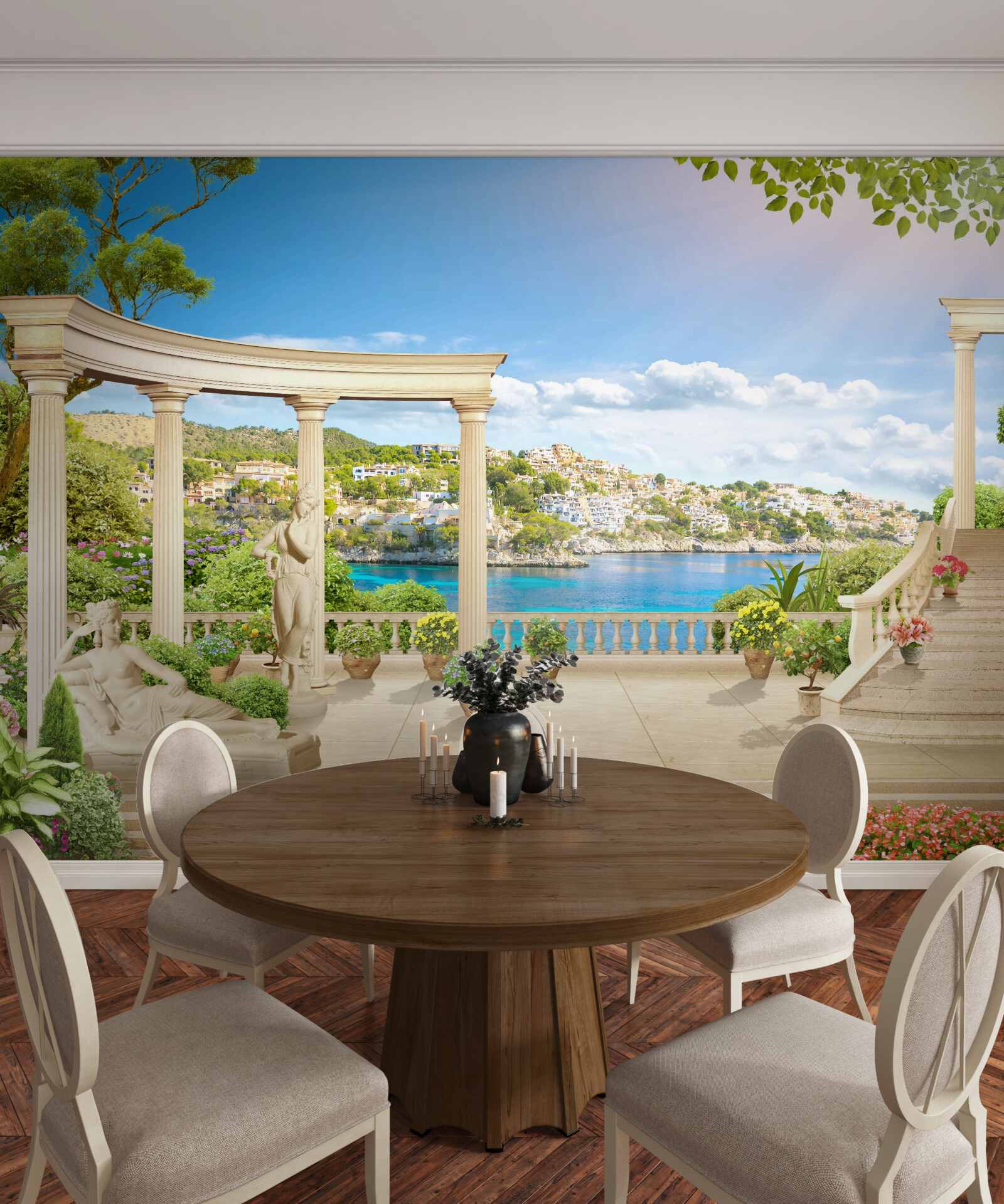 Fotobehang standbeeld en bogen tegen een achtergrond van water