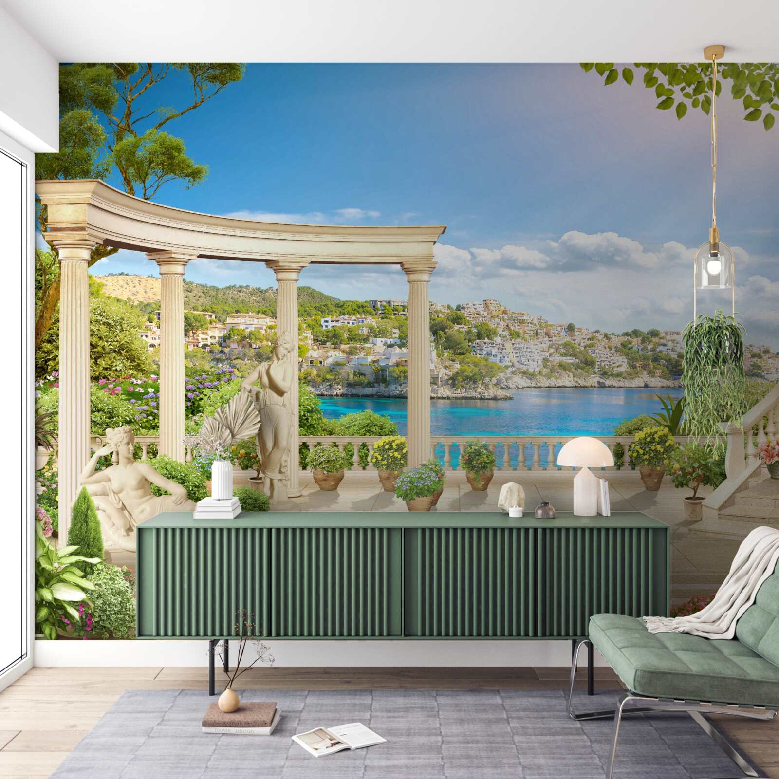 Fotobehang standbeeld en bogen tegen een achtergrond van water