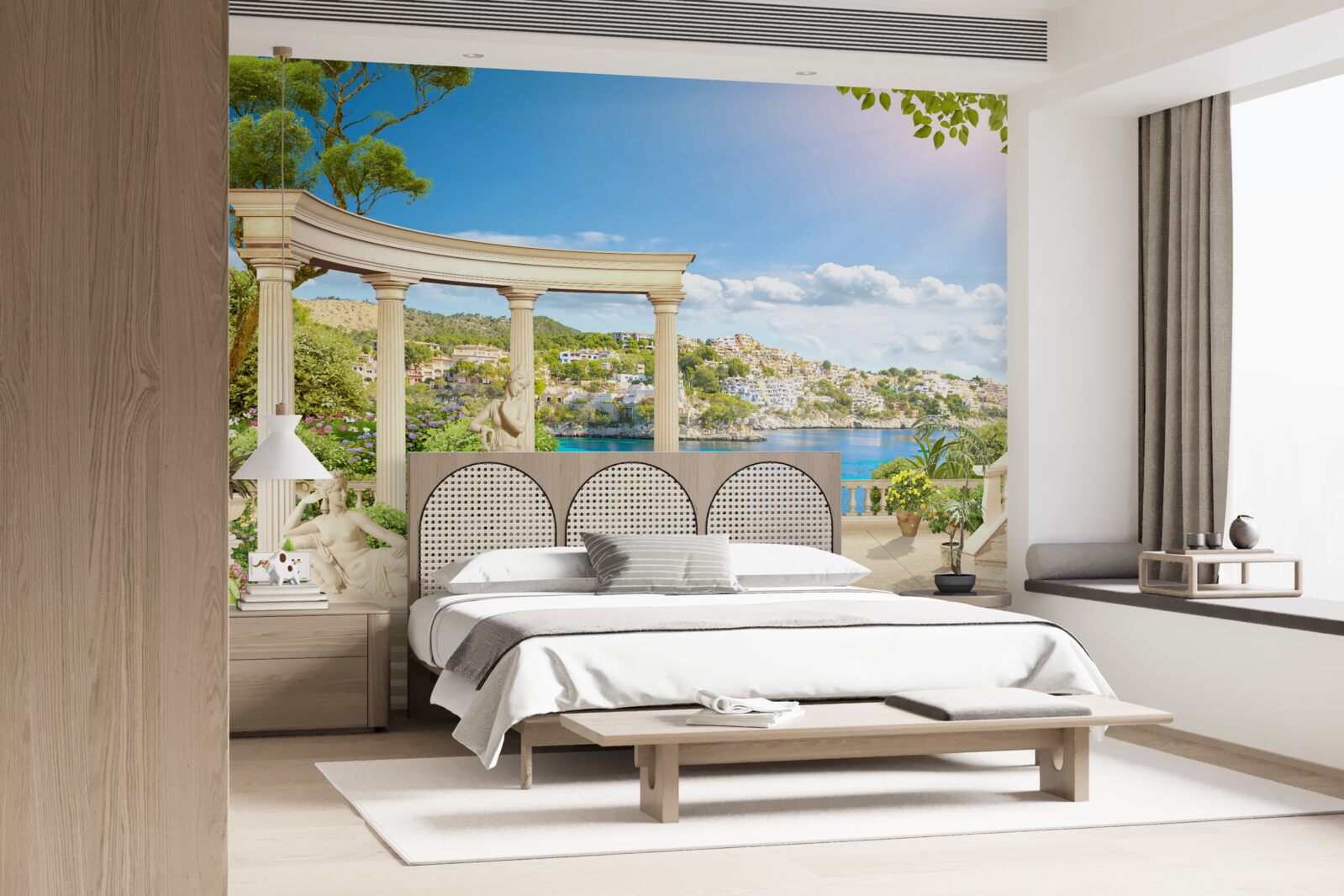 Fotobehang standbeeld en bogen tegen een achtergrond van water