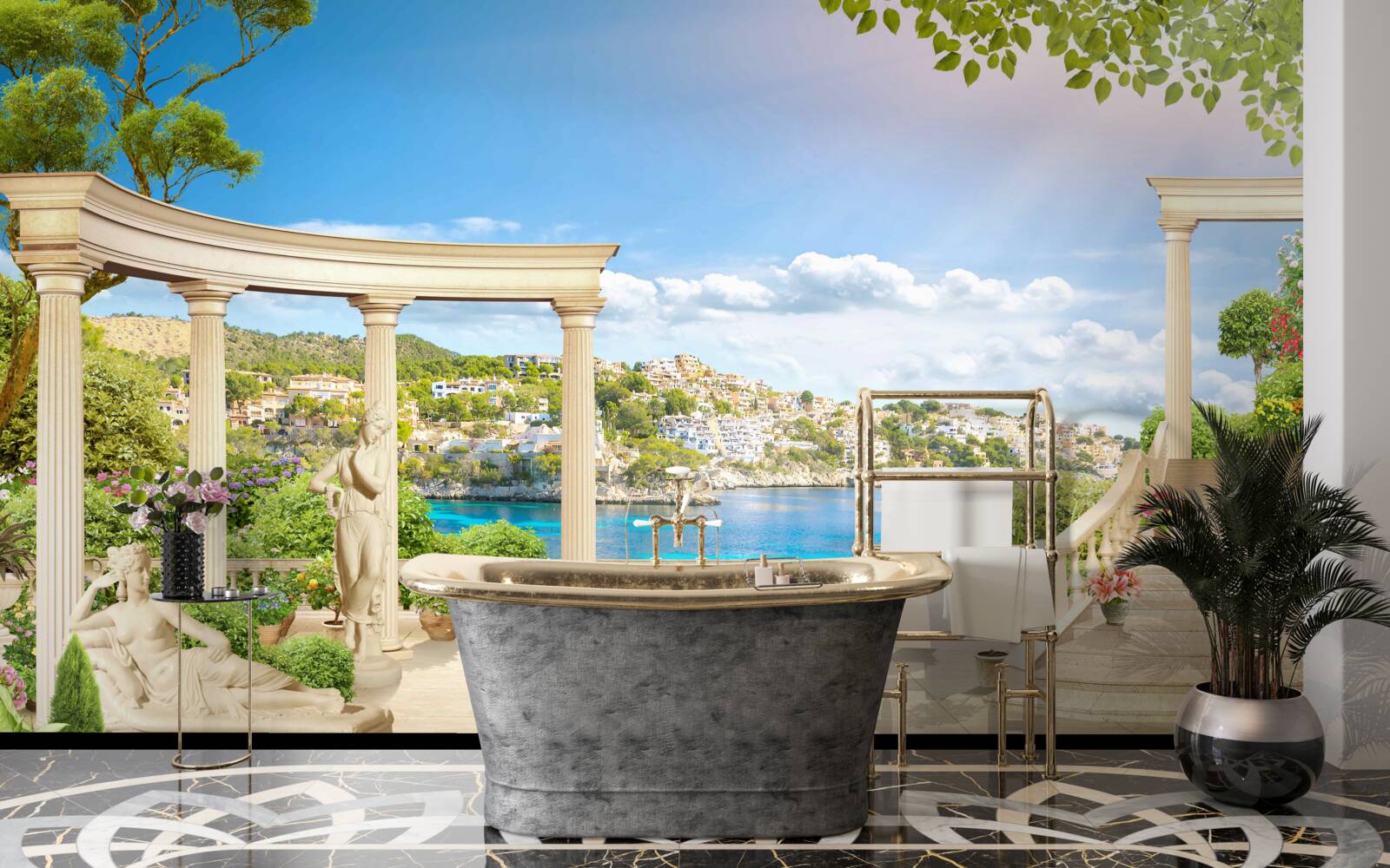 Fotobehang standbeeld en bogen tegen een achtergrond van water