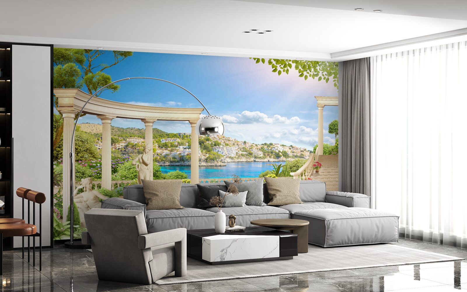 Fotobehang standbeeld en bogen tegen een achtergrond van water