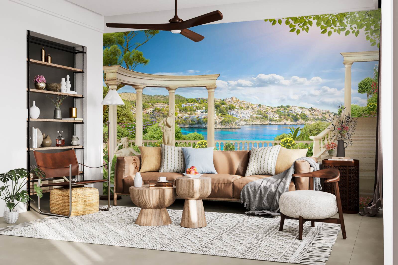 Fotobehang standbeeld en bogen tegen een achtergrond van water