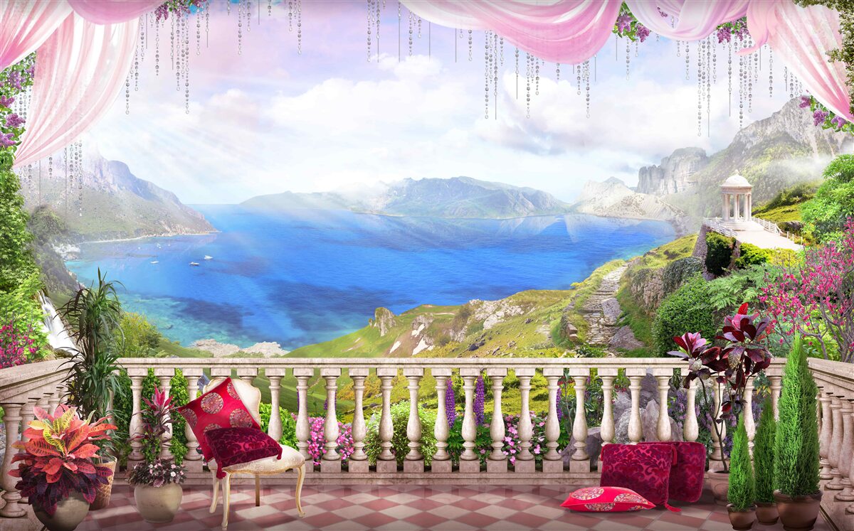 Fotobehang terras met uitzicht op de bergen