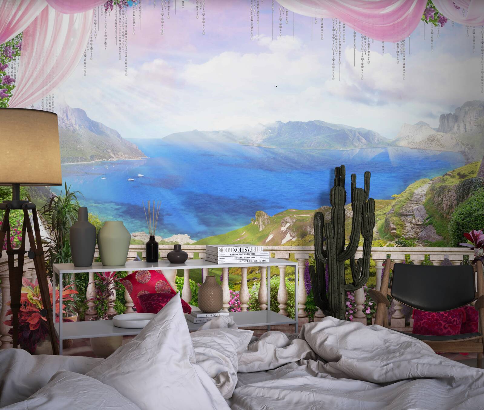 Fotobehang terras met uitzicht op de bergen