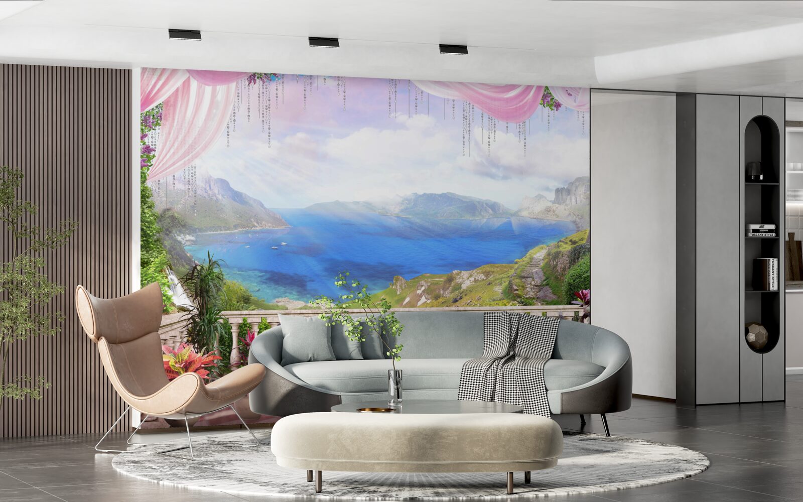 Fotobehang terras met uitzicht op de bergen