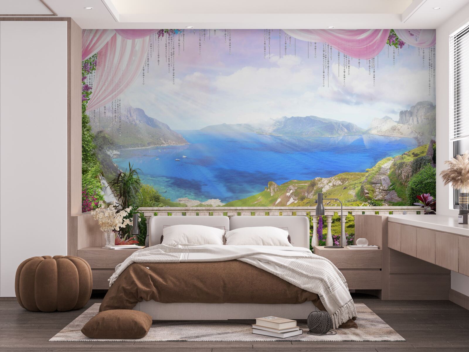 Fotobehang terras met uitzicht op de bergen