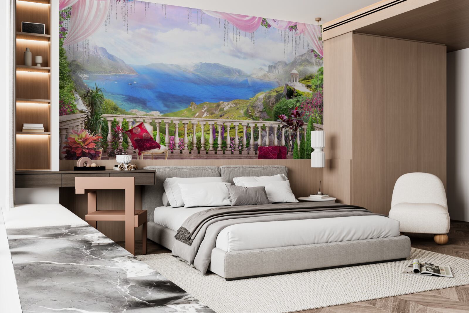 Fotobehang terras met uitzicht op de bergen