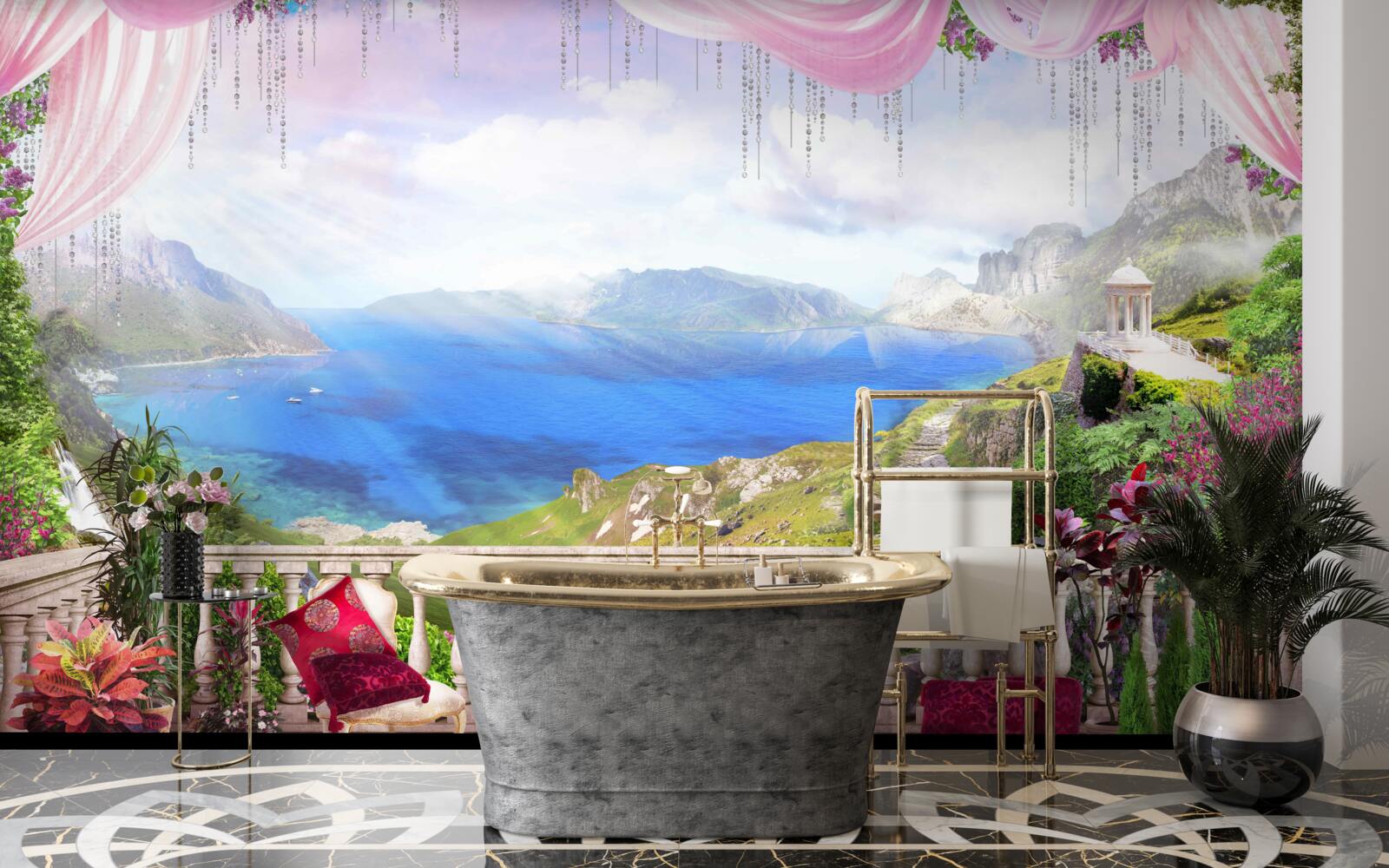 Fotobehang terras met uitzicht op de bergen