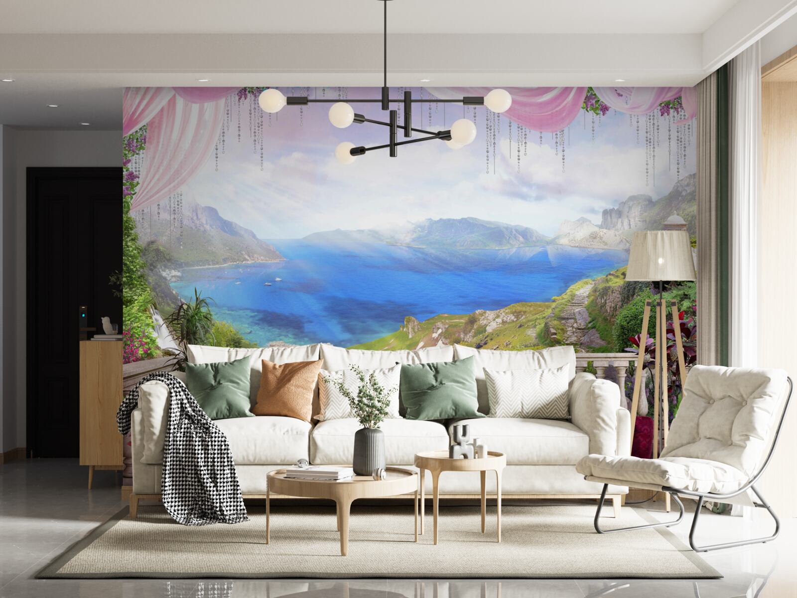 Fotobehang terras met uitzicht op de bergen