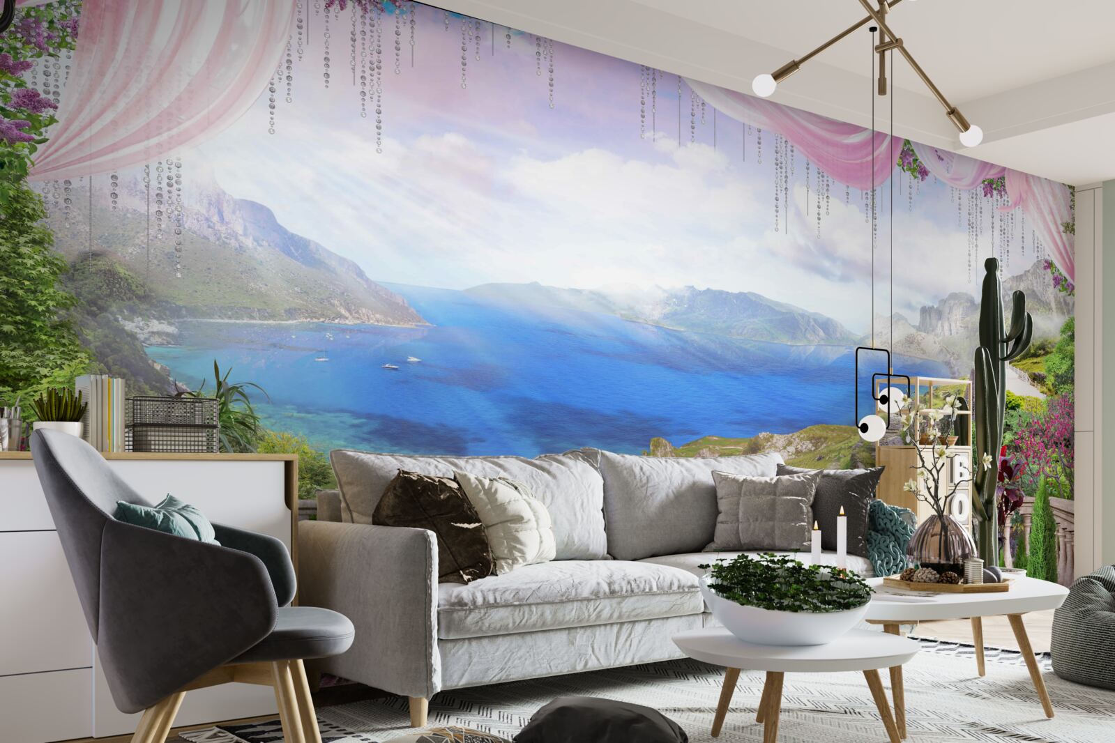 Fotobehang terras met uitzicht op de bergen