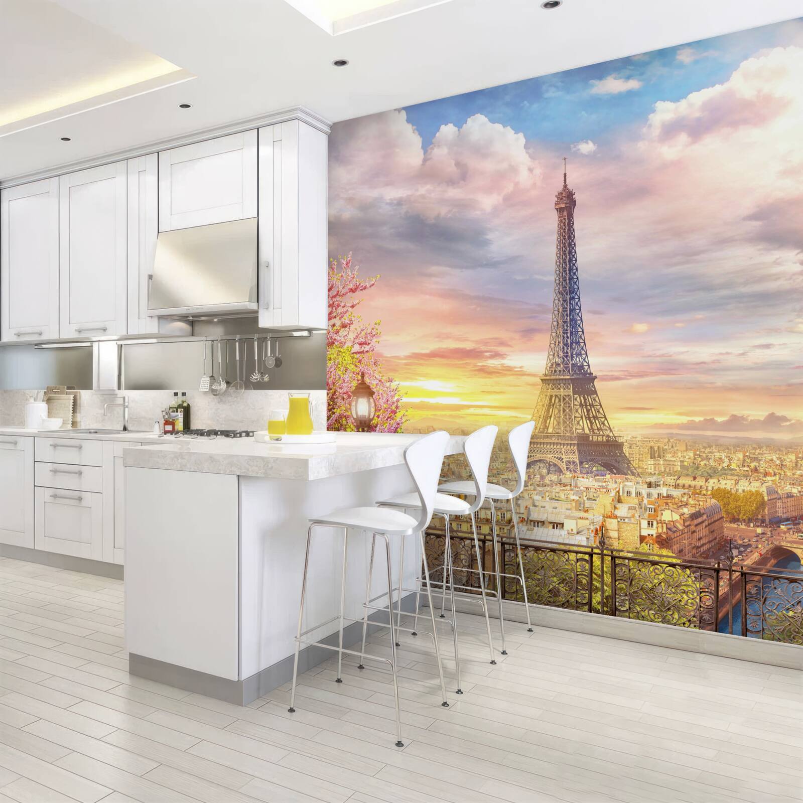 Fotobehang bewolkt panorama van de eiffeltoren