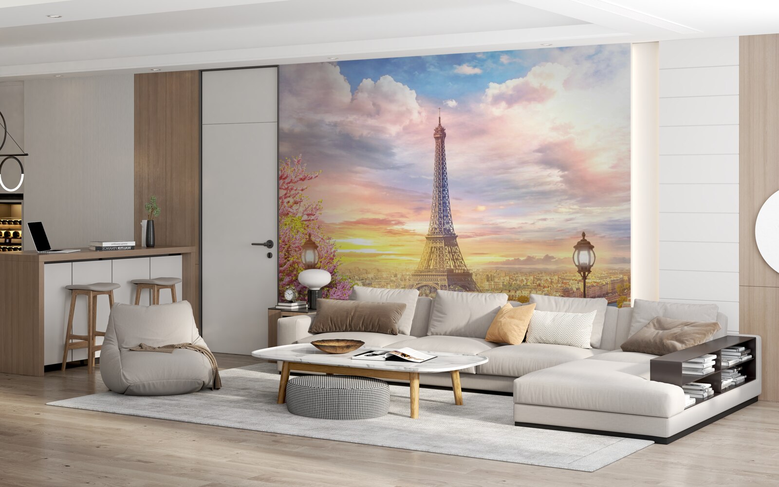 Fotobehang bewolkt panorama van de eiffeltoren