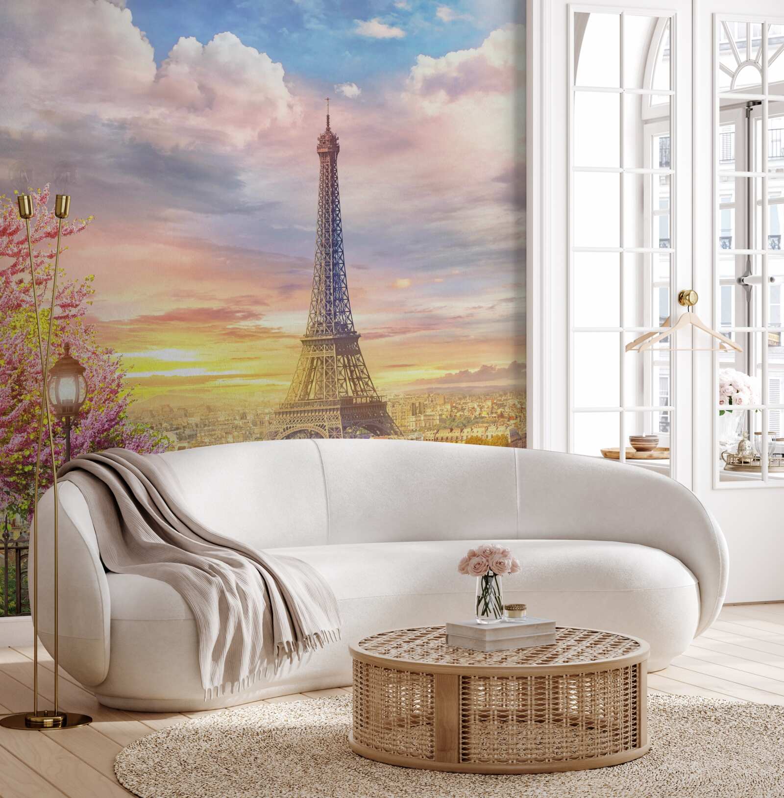 Fotobehang bewolkt panorama van de eiffeltoren