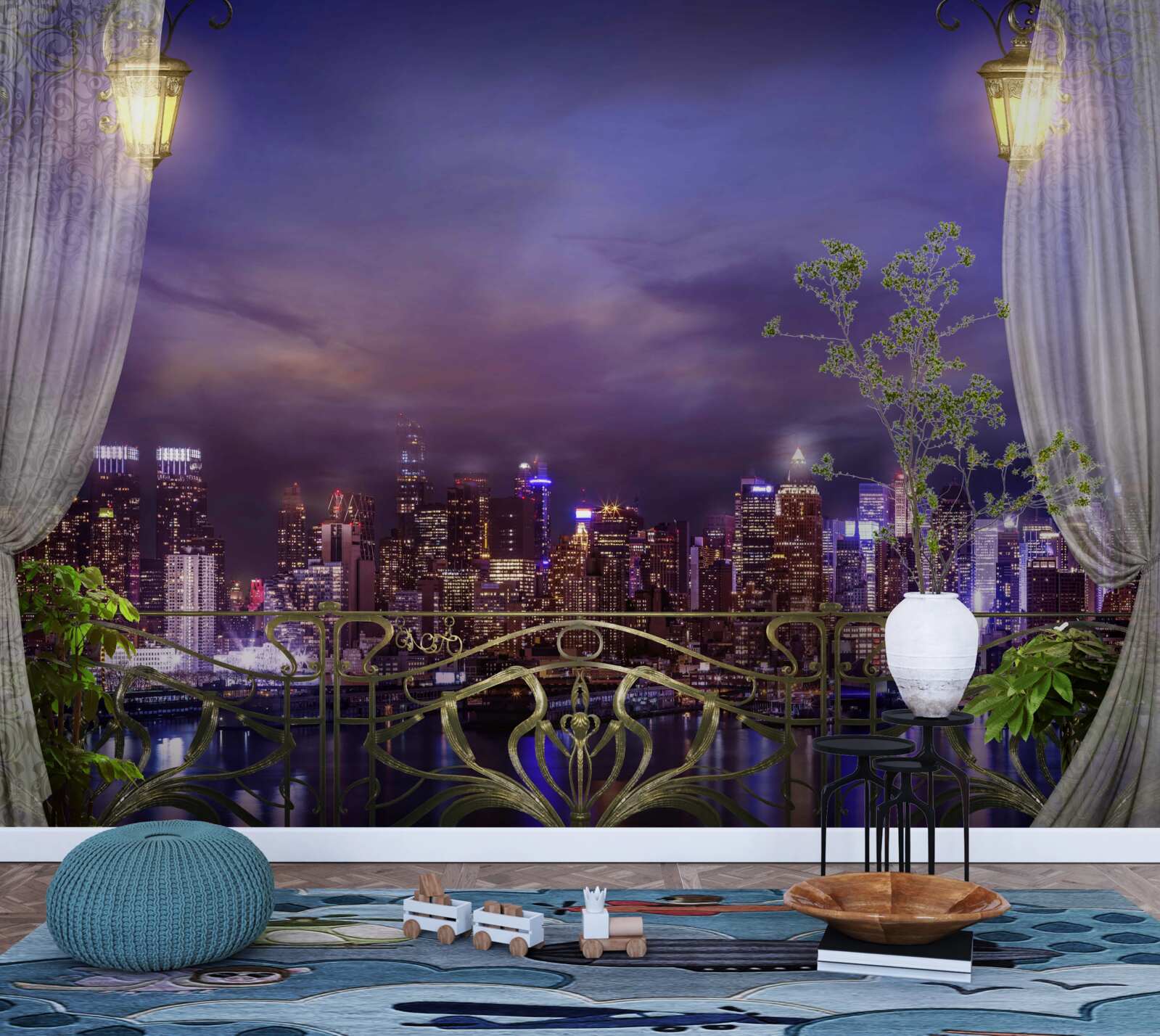 Fotobehang de stad bij nacht gezien vanaf het balkon