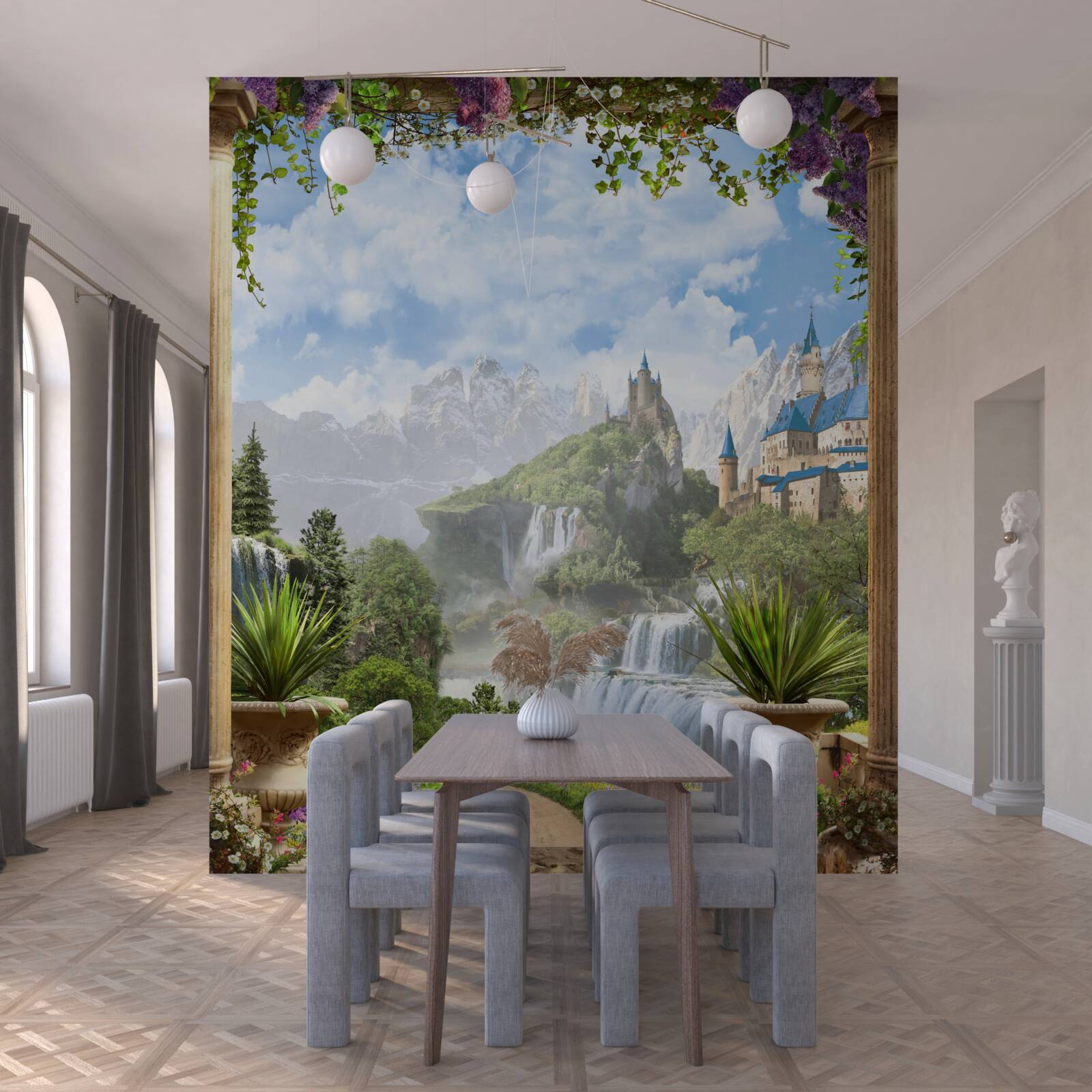 Fotobehang platform met uitzicht op het kasteel en de waterval