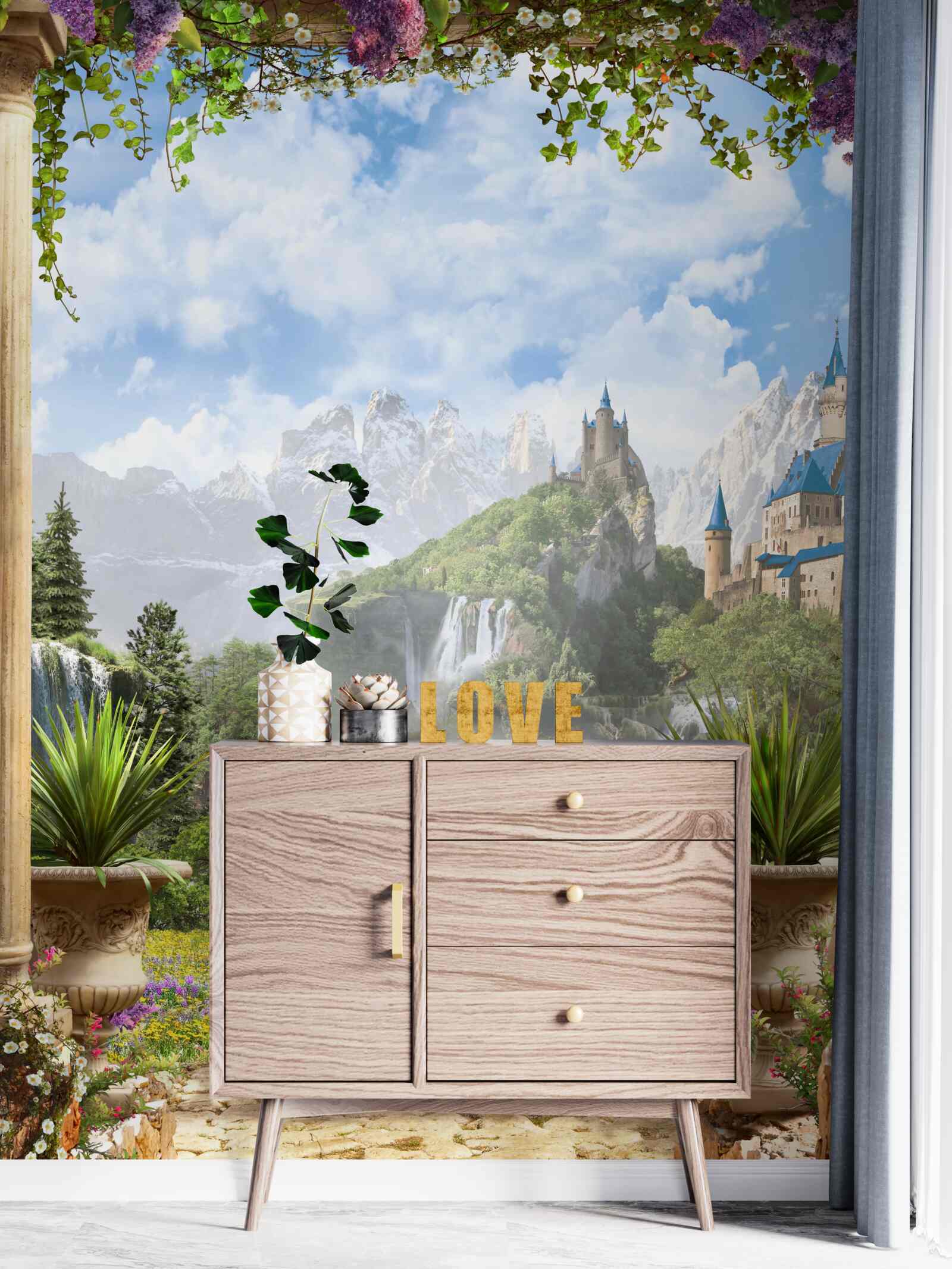 Fotobehang platform met uitzicht op het kasteel en de waterval