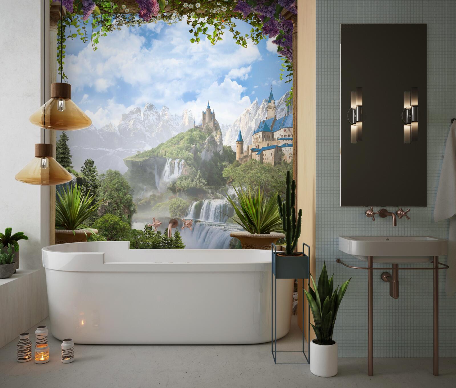 Fotobehang platform met uitzicht op het kasteel en de waterval