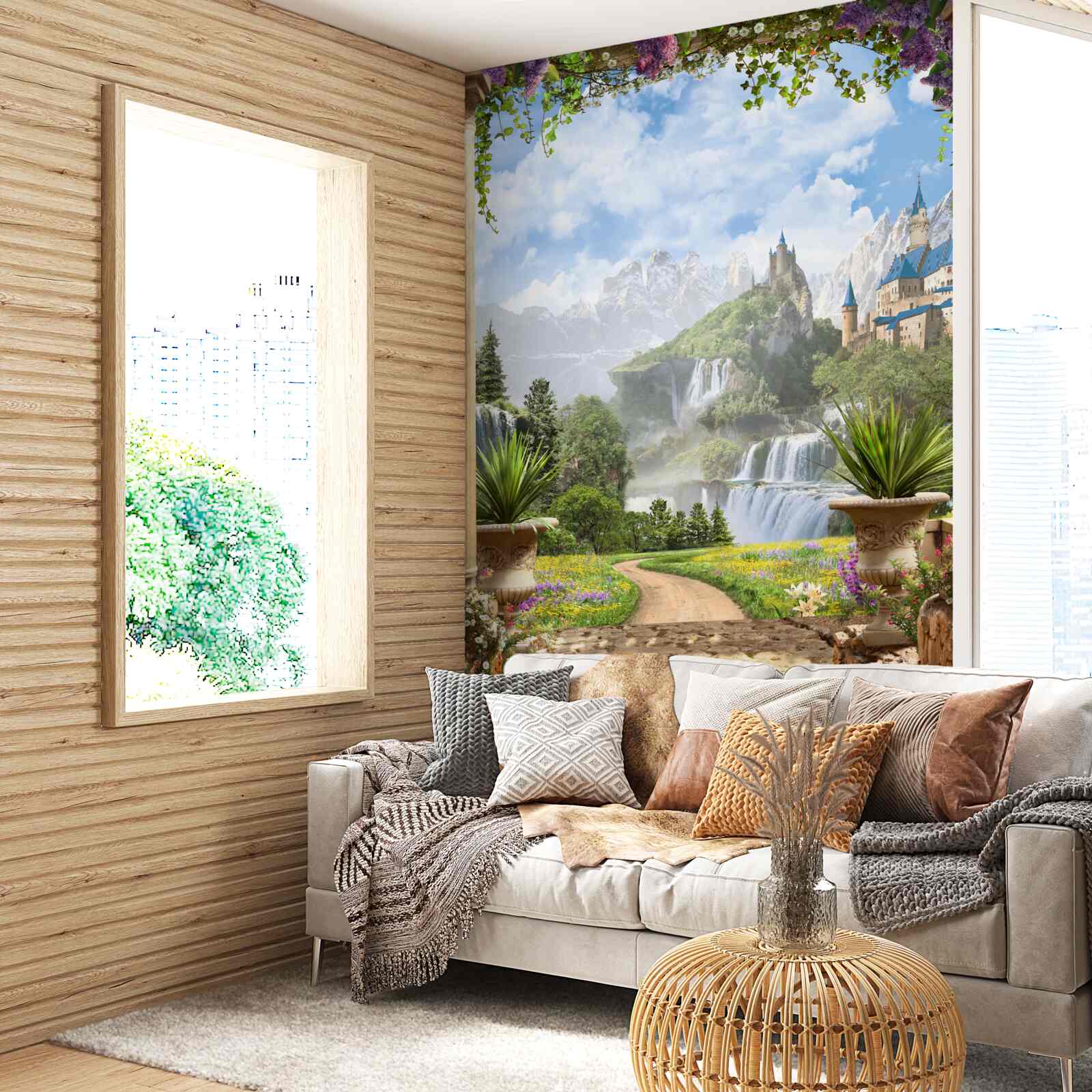 Fotobehang platform met uitzicht op het kasteel en de waterval