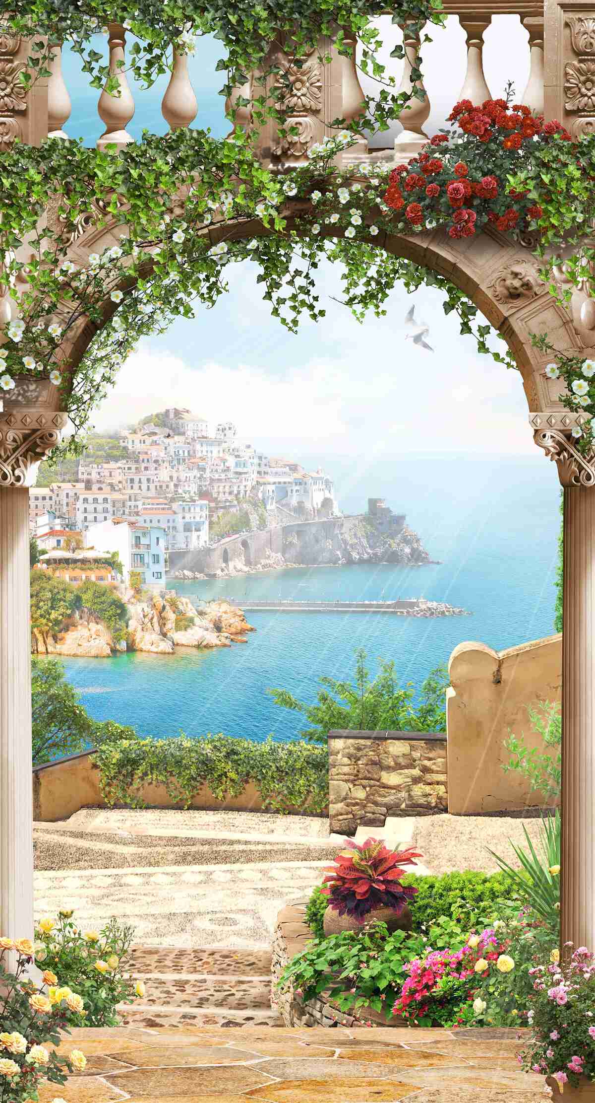 Fotobehang prachtig uitzicht op de zee en de stad vanaf het balkon