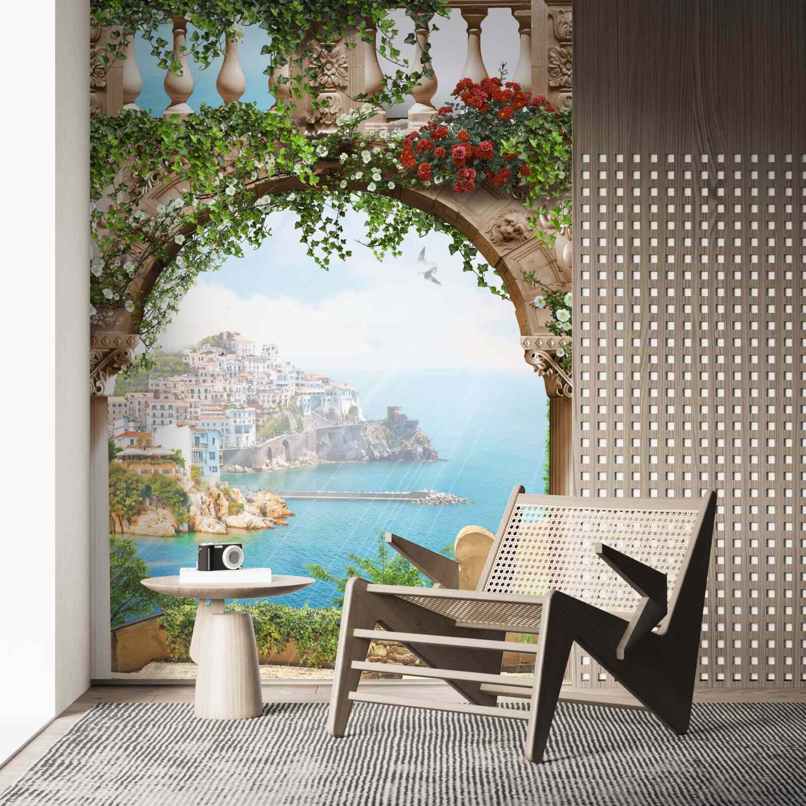 Fotobehang prachtig uitzicht op de zee en de stad vanaf het balkon