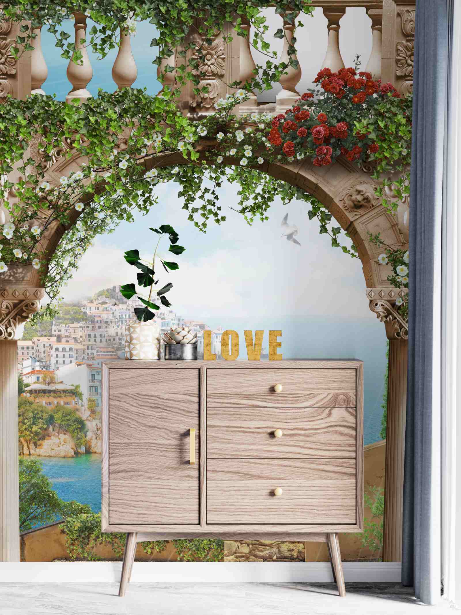 Fotobehang prachtig uitzicht op de zee en de stad vanaf het balkon