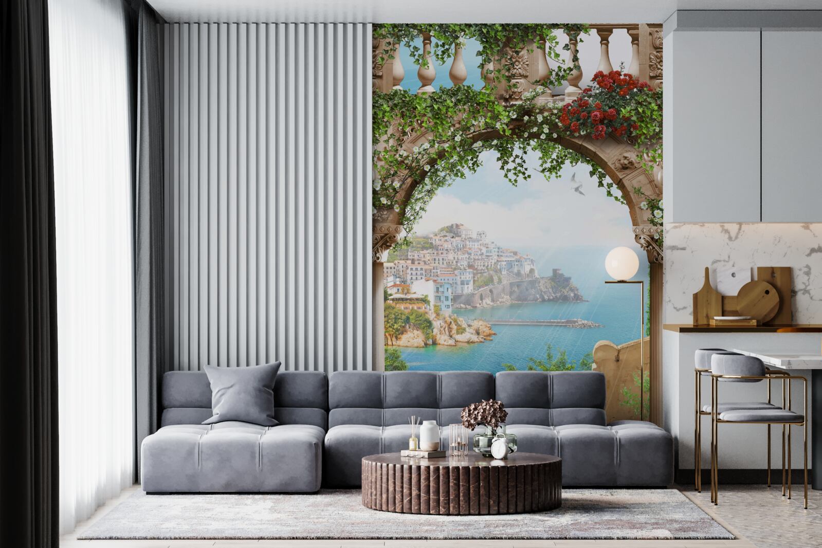 Fotobehang prachtig uitzicht op de zee en de stad vanaf het balkon