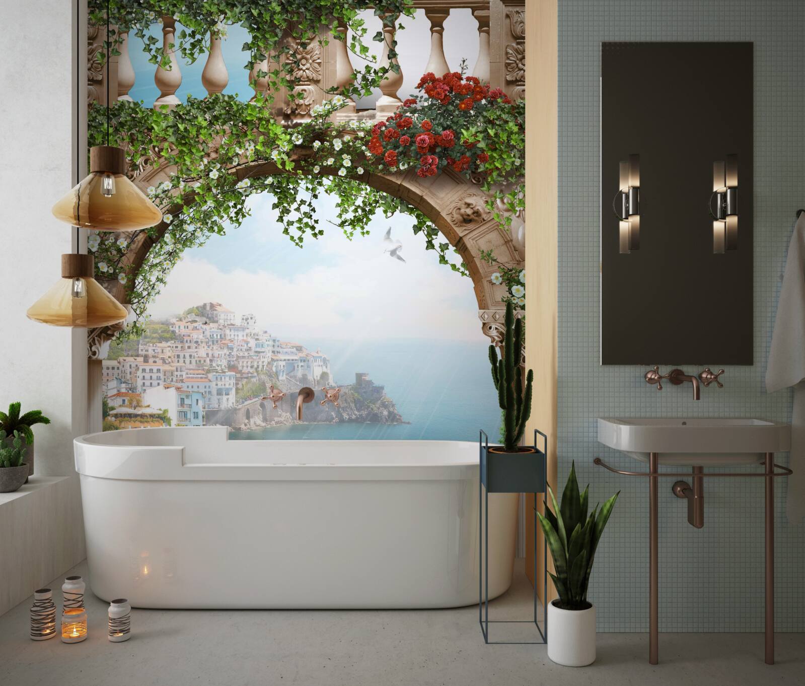 Fotobehang prachtig uitzicht op de zee en de stad vanaf het balkon