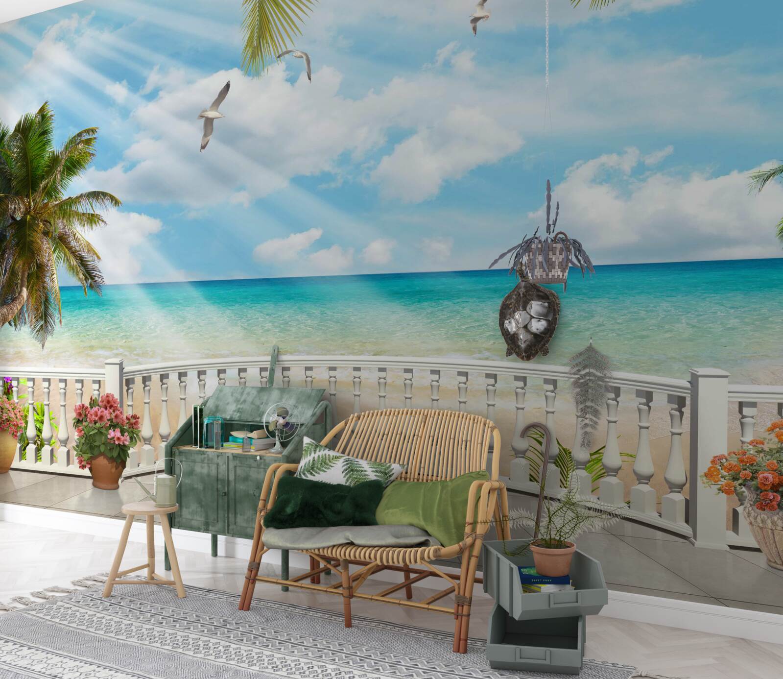 Fotobehang loggia met zeezicht