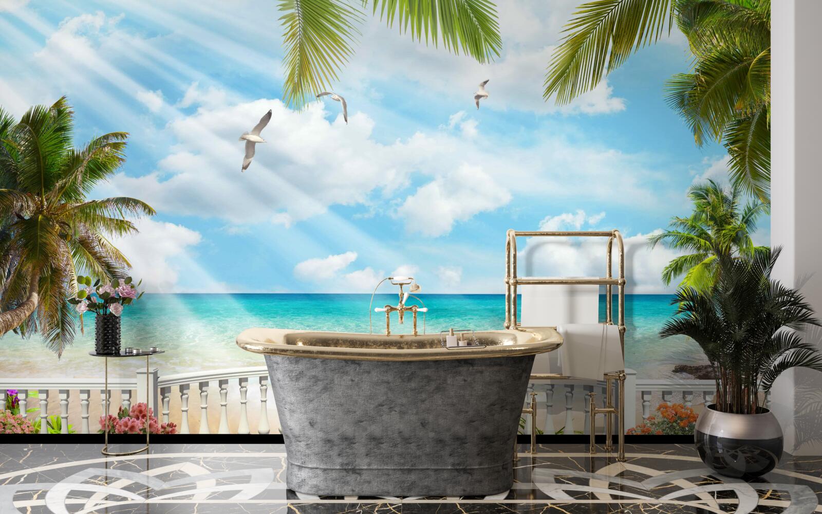 Fotobehang loggia met zeezicht