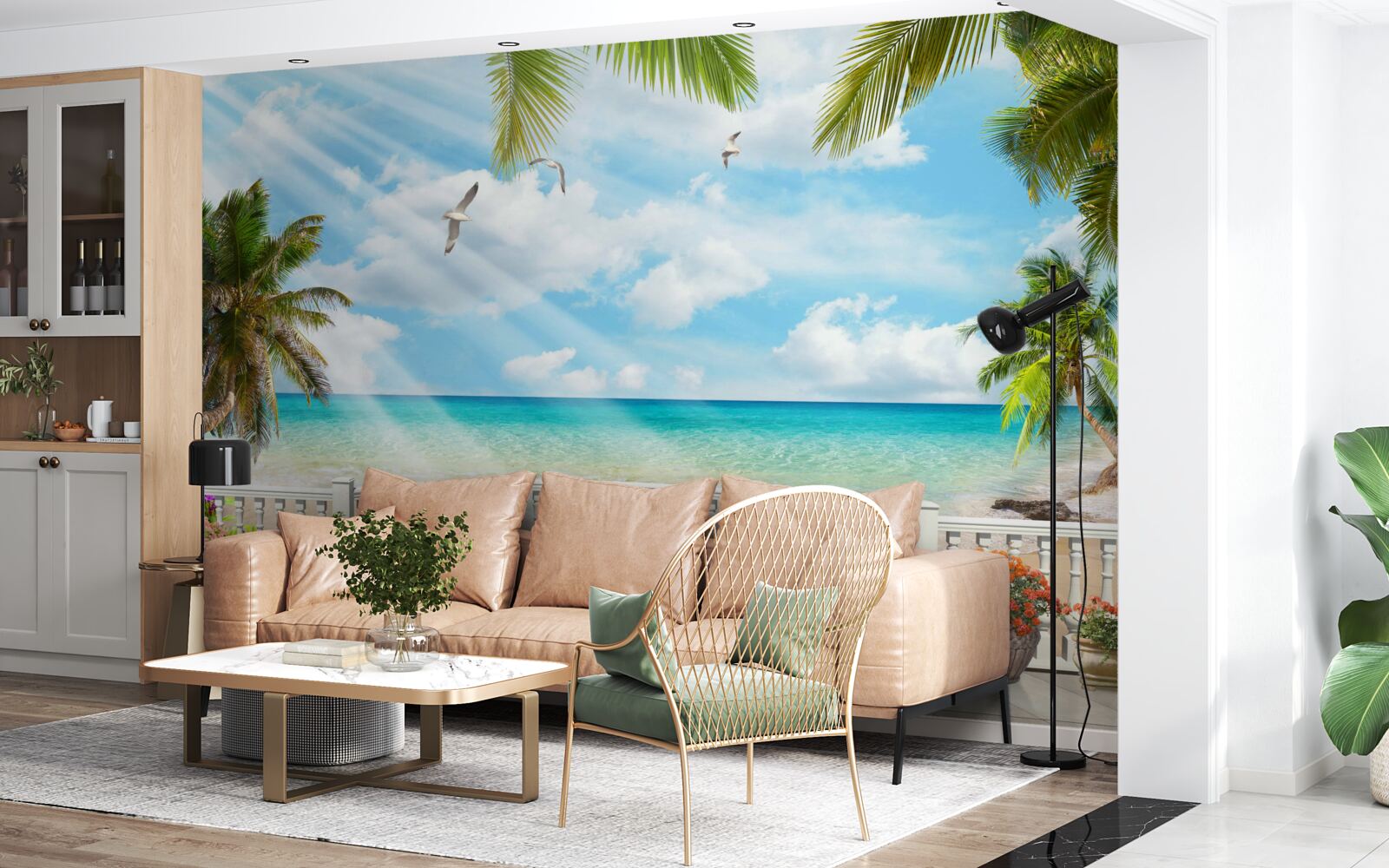 Fotobehang loggia met zeezicht