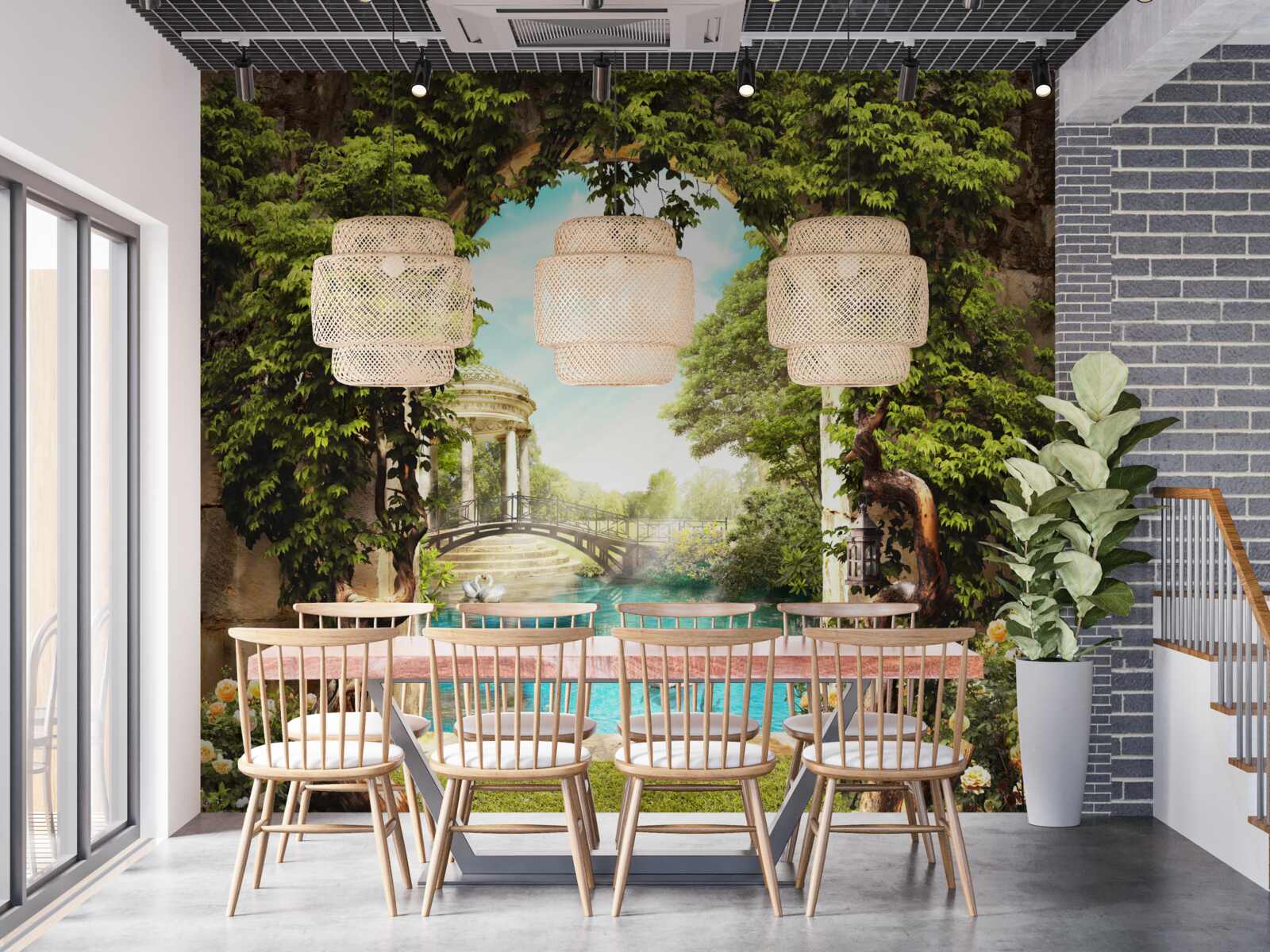 Fotobehang vijver met witte zwanen