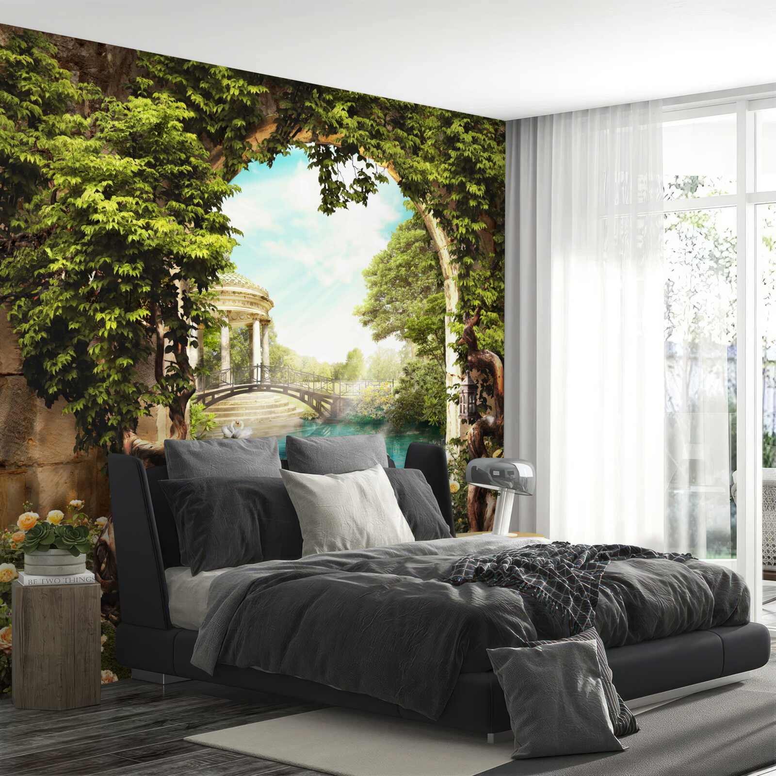 Fotobehang vijver met witte zwanen