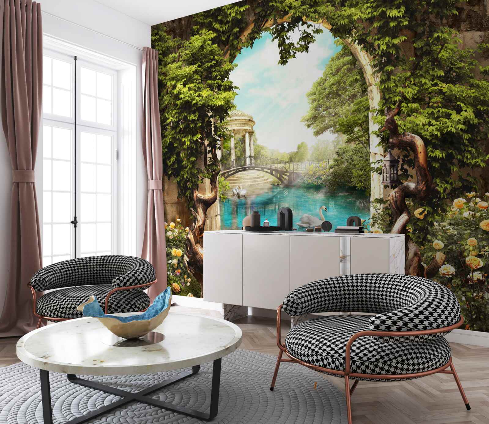 Fotobehang vijver met witte zwanen