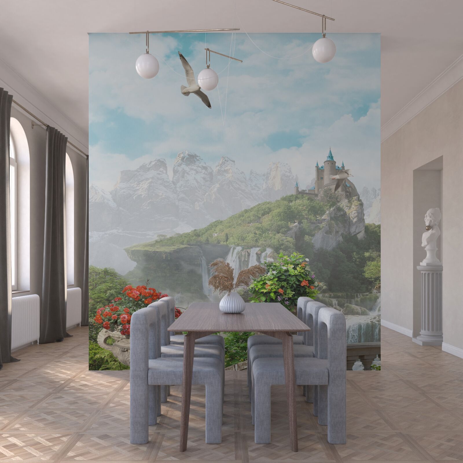 Fotobehang balkon met bloemen met uitzicht op de waterval en het kasteel