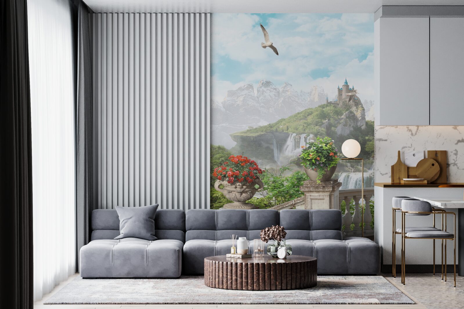 Fotobehang balkon met bloemen met uitzicht op de waterval en het kasteel