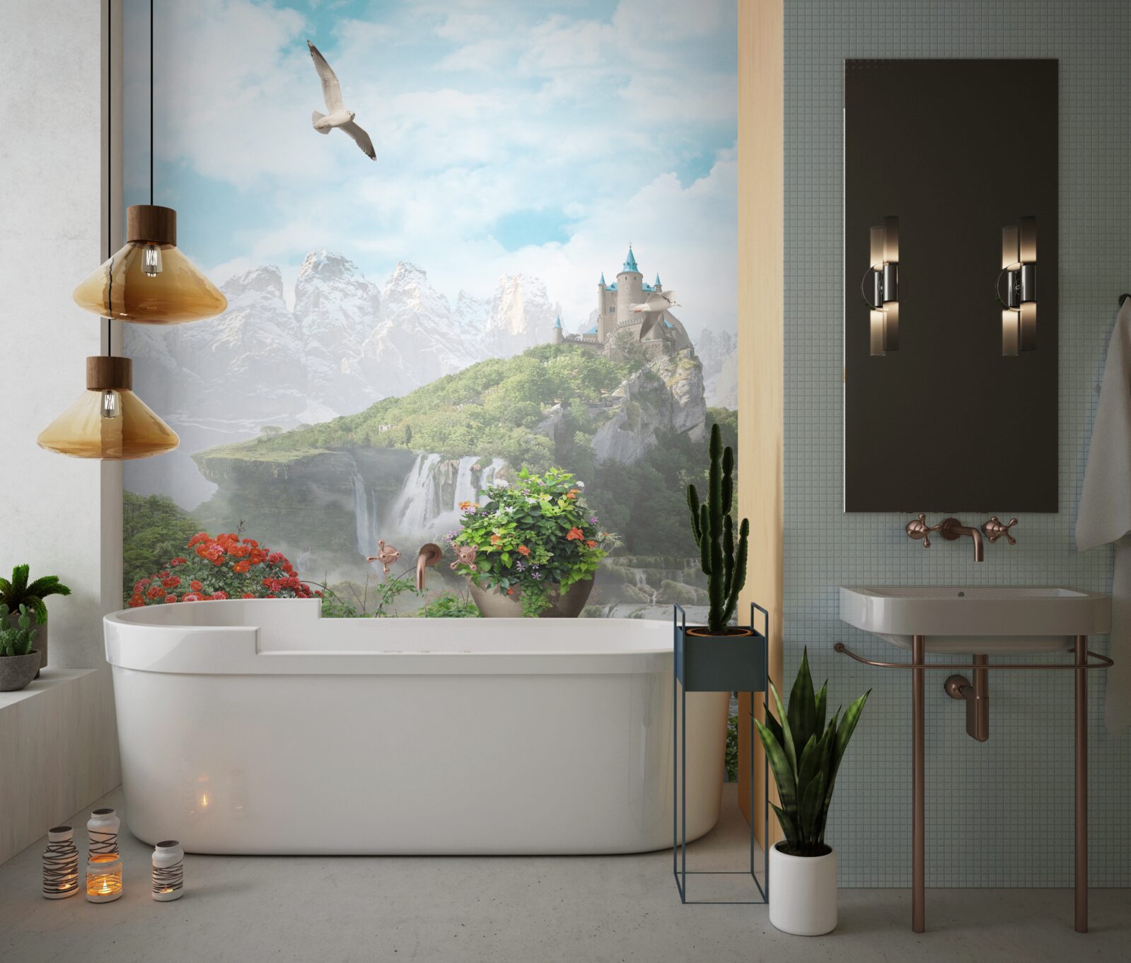 Fotobehang balkon met bloemen met uitzicht op de waterval en het kasteel