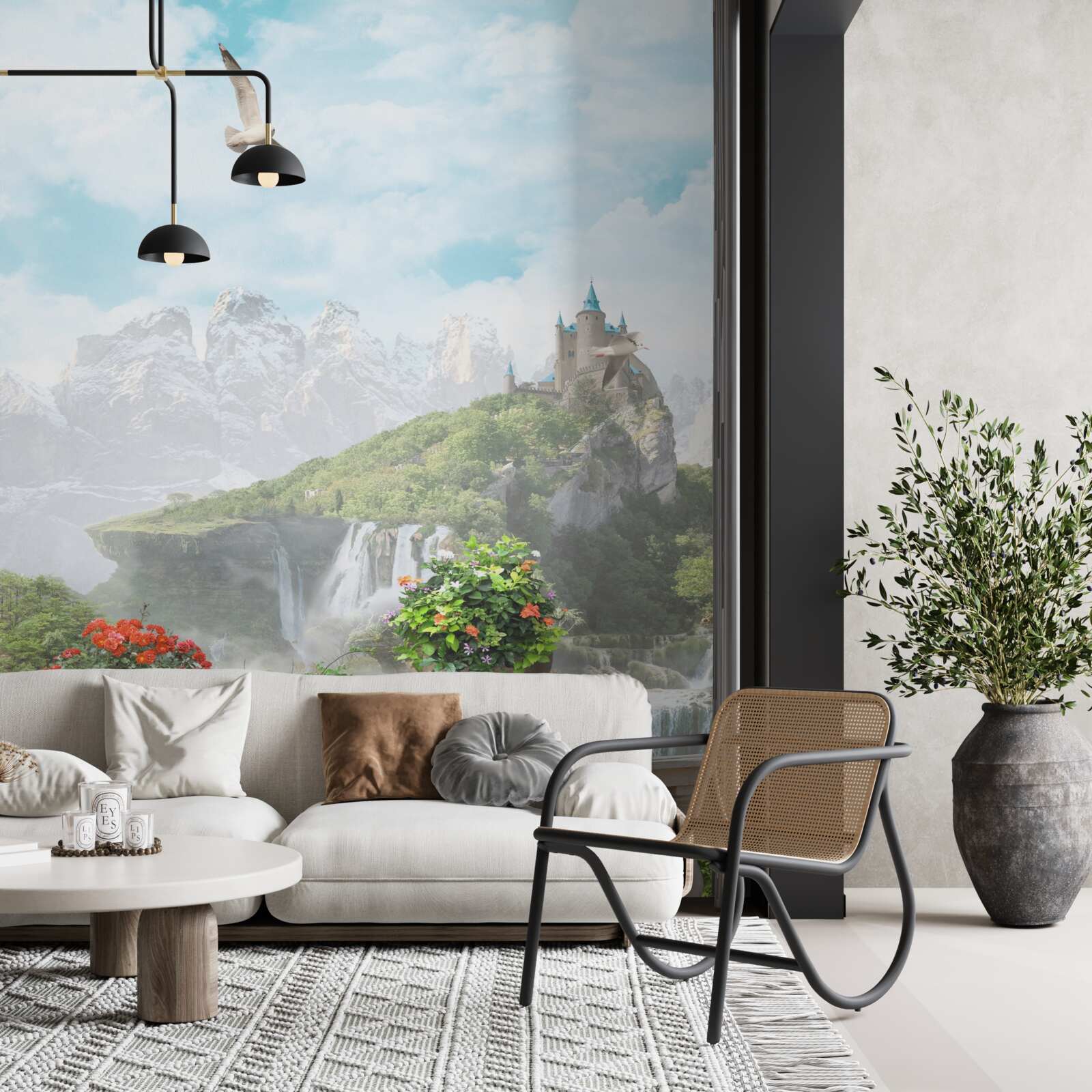 Fotobehang balkon met bloemen met uitzicht op de waterval en het kasteel