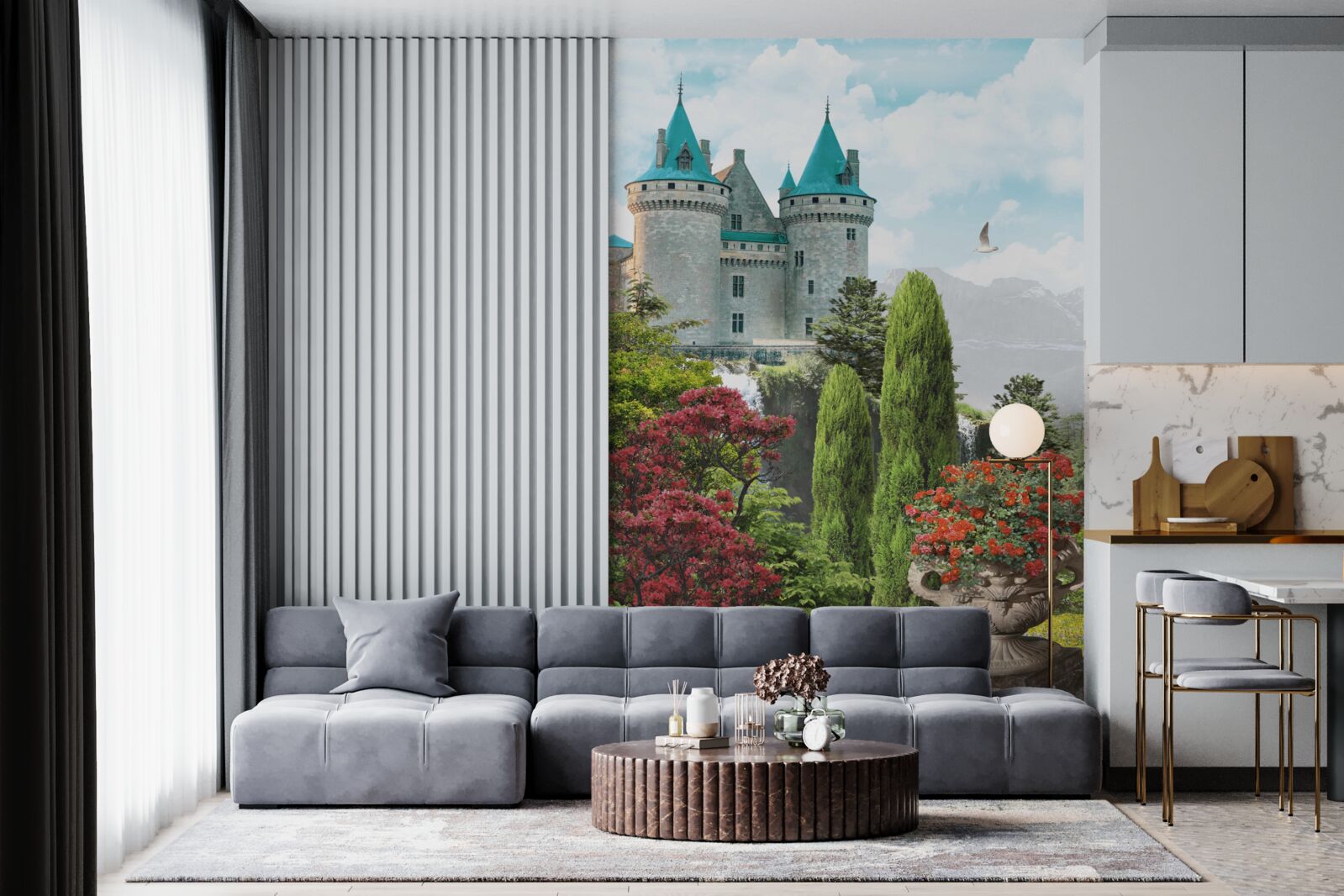 Fotobehang sprookjeskasteel omgeven door groen