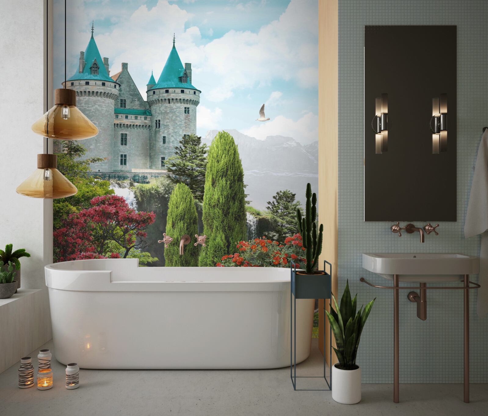 Fotobehang sprookjeskasteel omgeven door groen