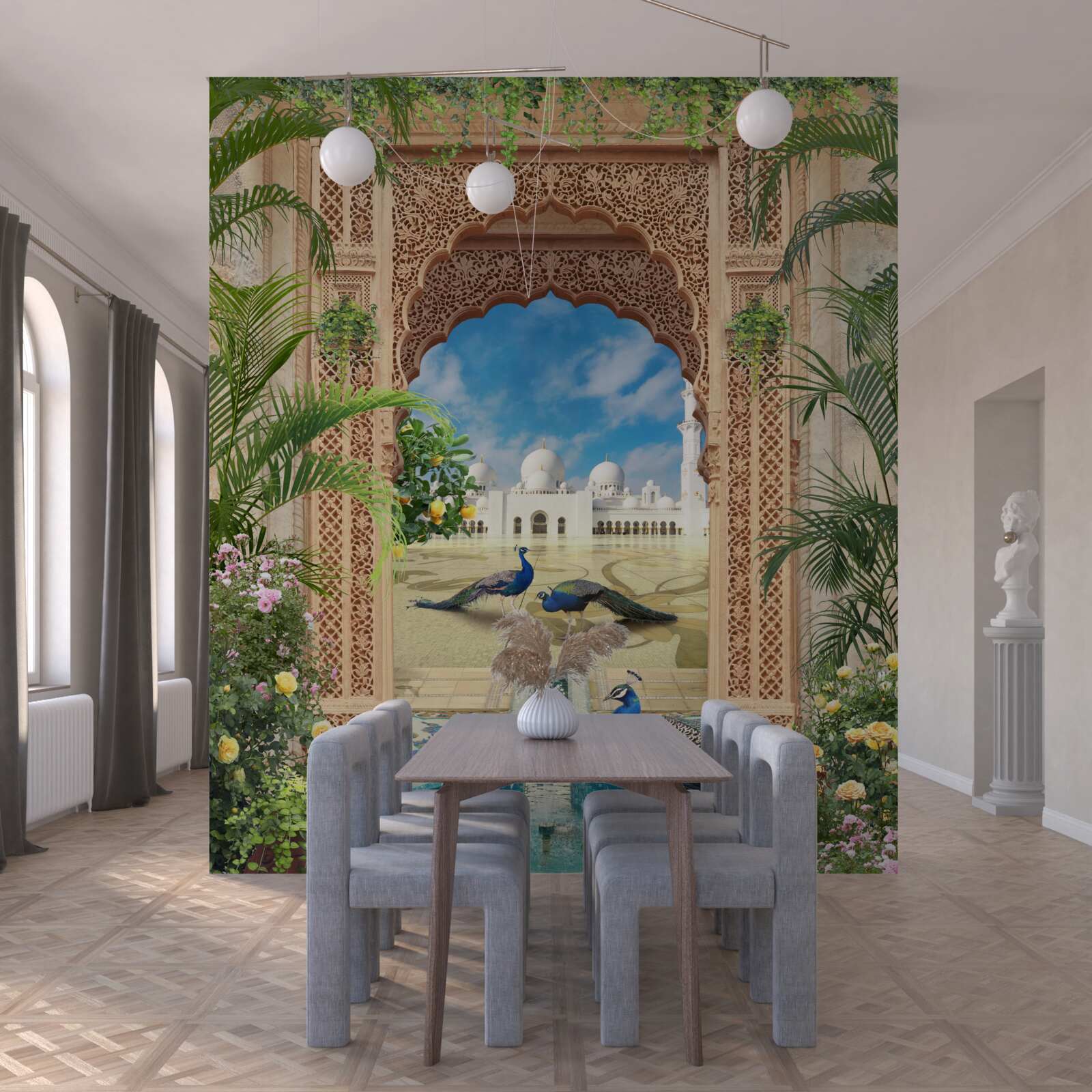 Fotobehang pauwen bij een vijver met een fontein