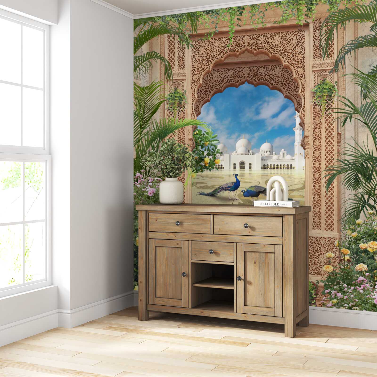 Fotobehang pauwen bij een vijver met een fontein