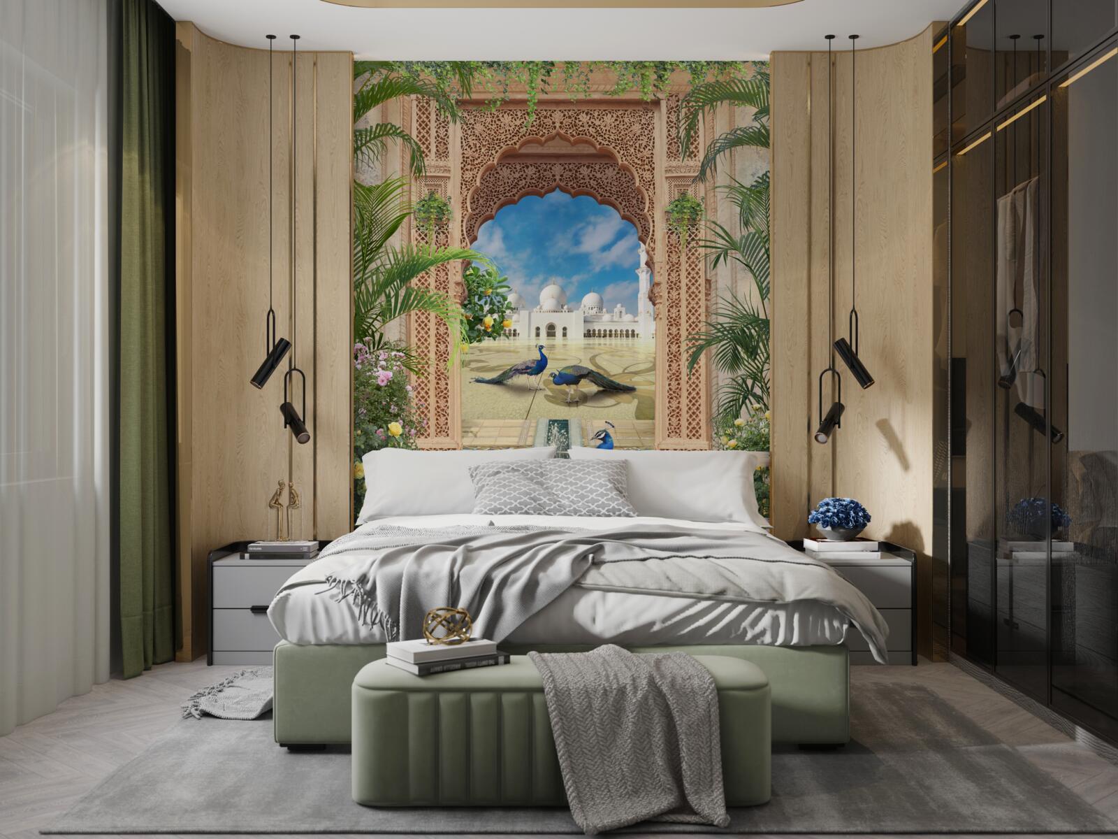 Fotobehang pauwen bij een vijver met een fontein