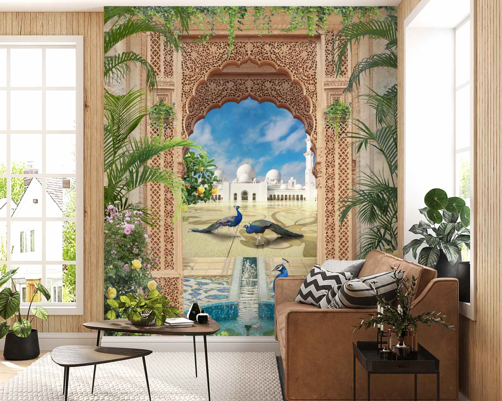 Fotobehang pauwen bij een vijver met een fontein