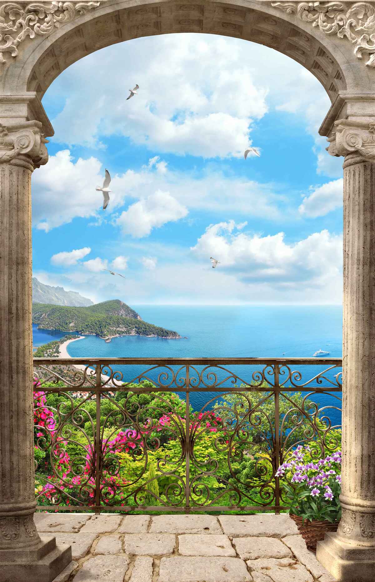 Fotobehang gewelfd balkon met oceaanzicht