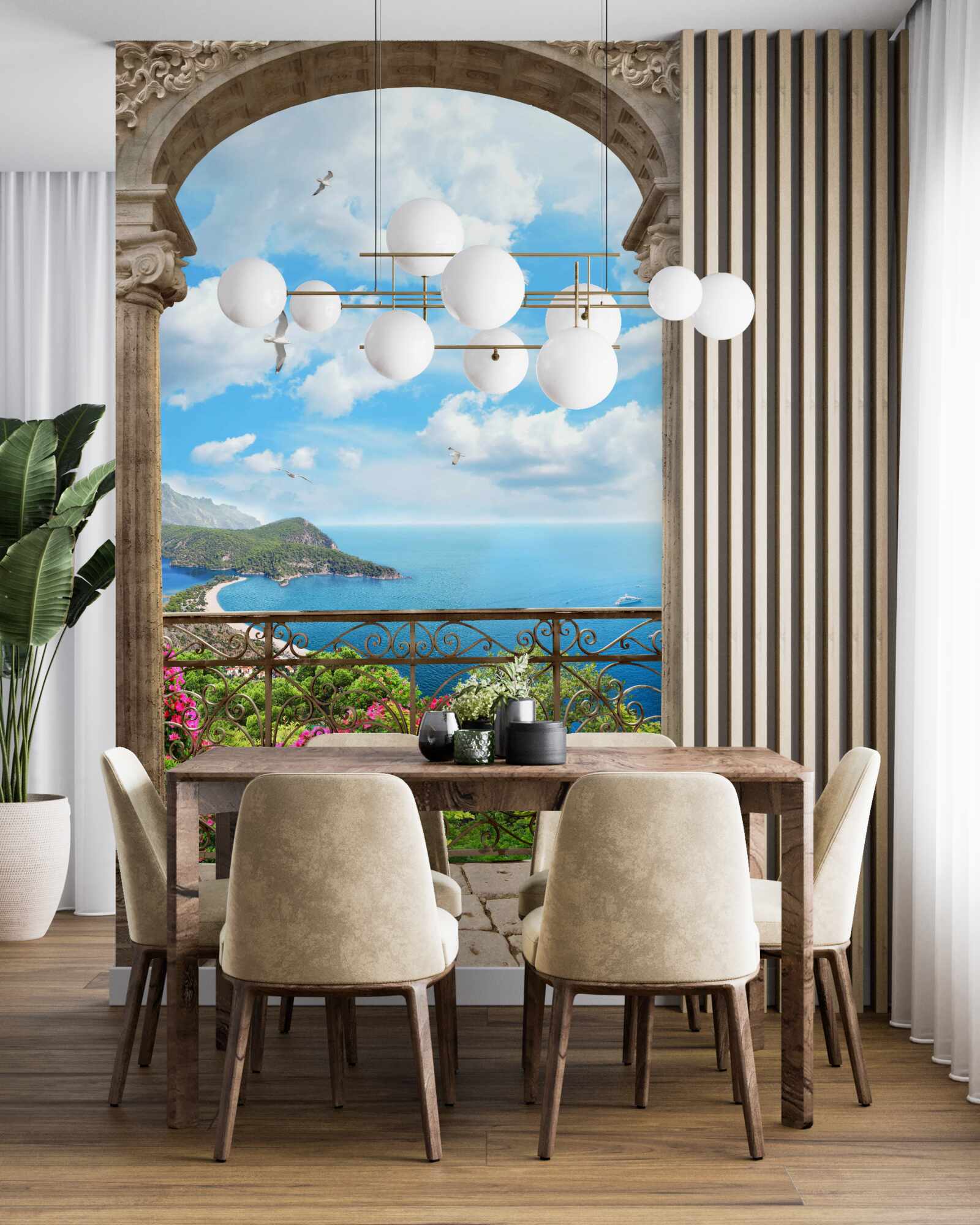 Fotobehang gewelfd balkon met oceaanzicht