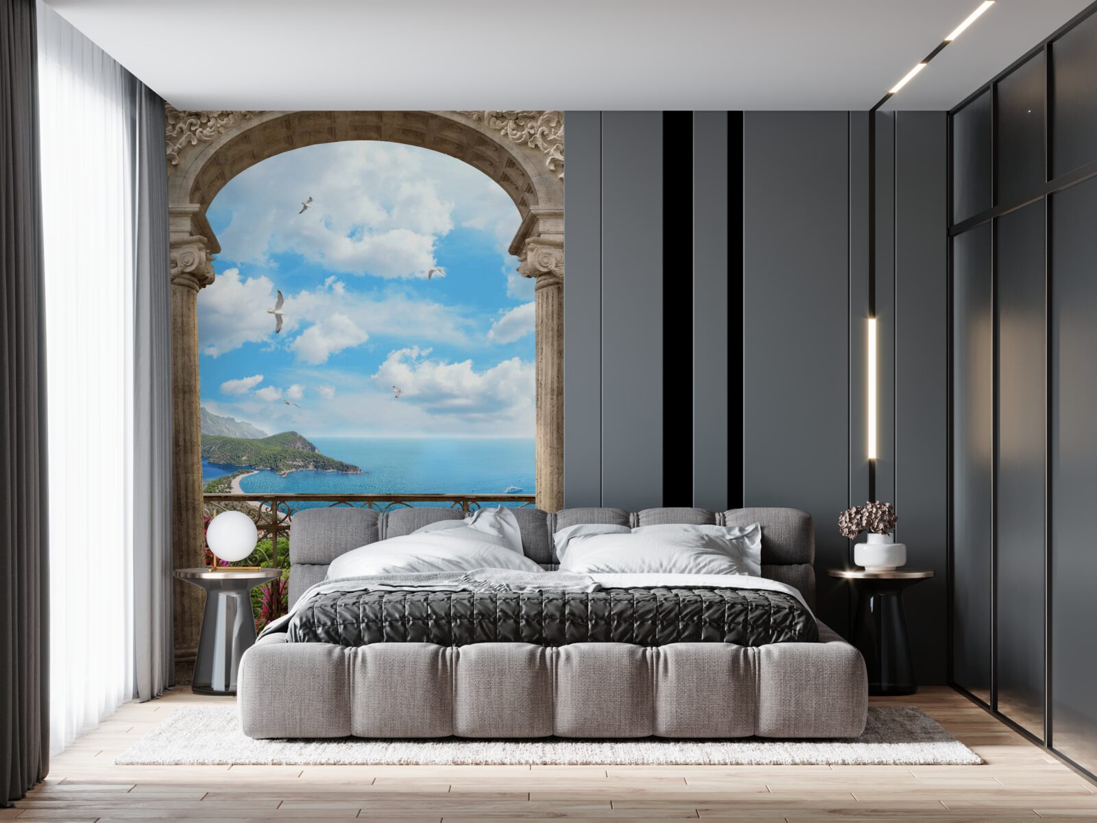 Fotobehang gewelfd balkon met oceaanzicht